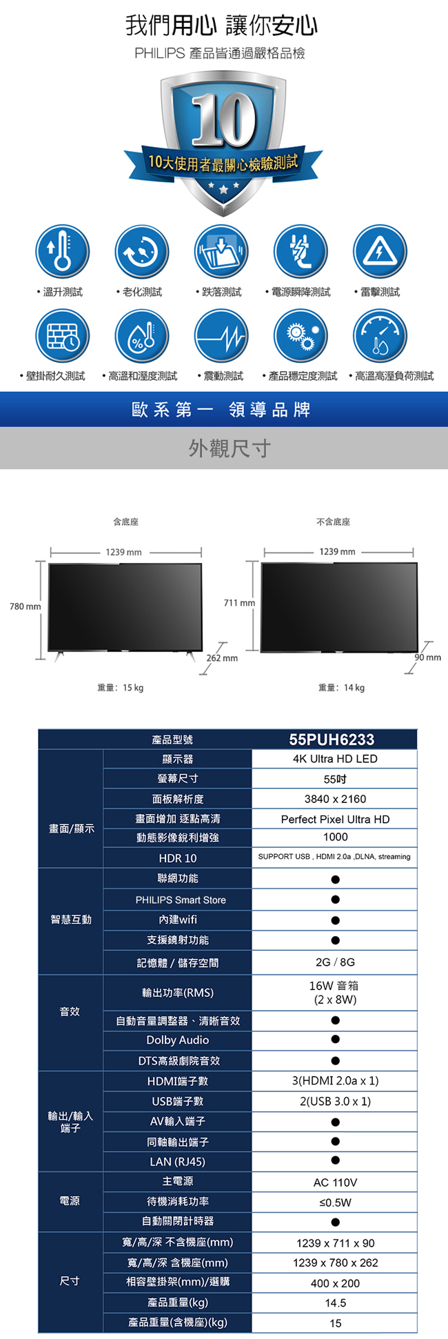 《送壁掛架及安裝&12吋立扇》PHILIPS飛利浦 55吋55PUH6233 4K HDR聯網情境光源液晶顯示器(附視訊盒)