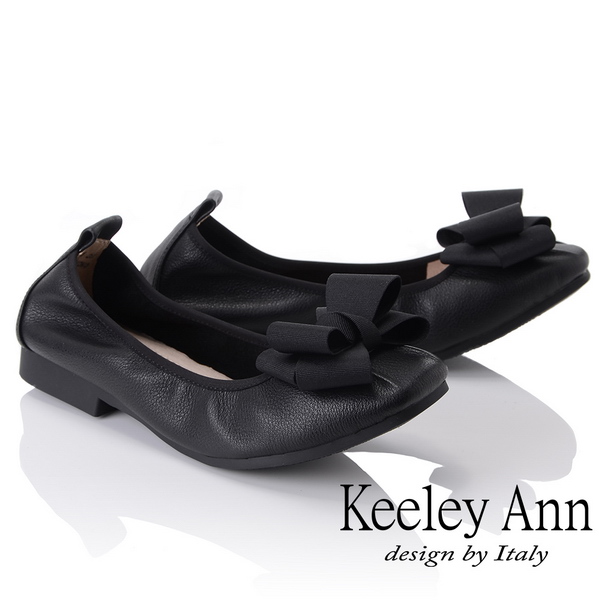 Keeley Ann 簡約百搭~立體蝴蝶結緞帶柔軟舒適娃娃鞋(黑色)