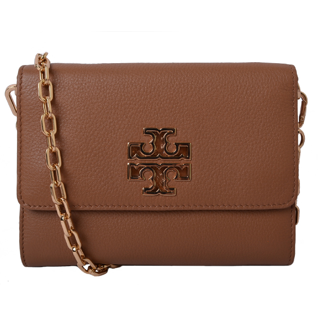 TORY BURCH BRITTEN 立體大LOGO掀蓋式全皮革鍊帶手拿/斜背包-焦糖棕