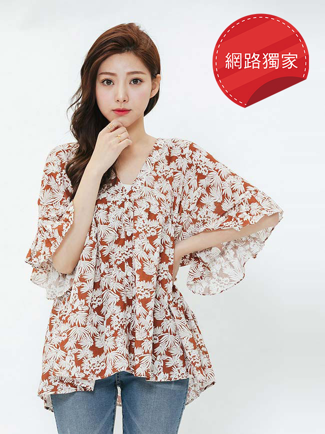 H:CONNECT 韓國品牌 女裝-度假感印花綁結上衣-棕