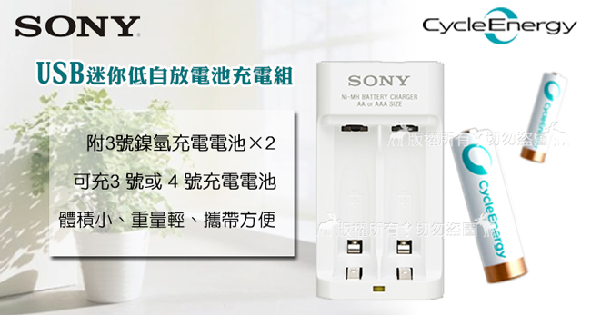 SONY USB輸入迷你低自放電池充電組 3號4號皆可充 (BCG-34HWU2K)