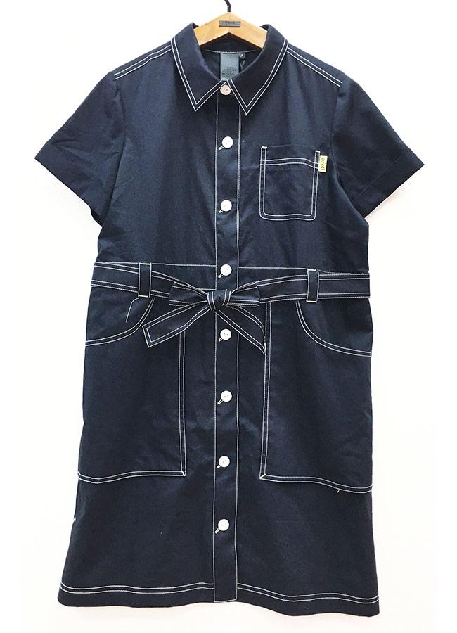 gozo 單排釦粗壓線綁帶襯衫洋裝(深藍)