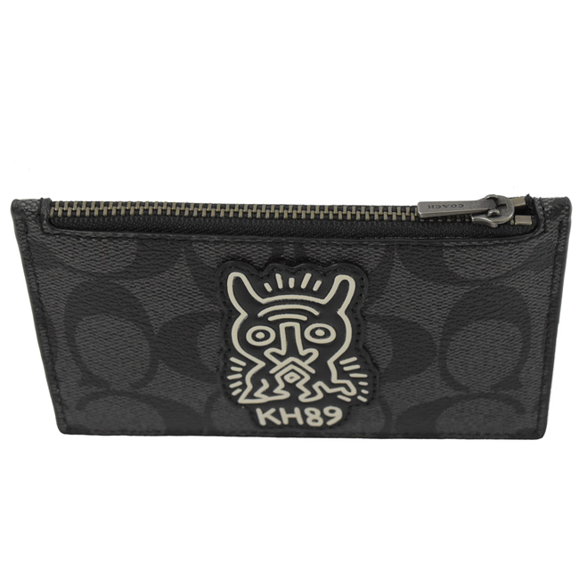 COACH Keith Haring 聯名PVC+牛皮卡片零錢包(黑灰)