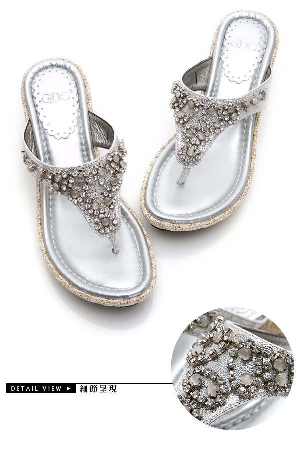 GDC-貴氣閃耀水鑽楔型夾腳拖鞋-銀色