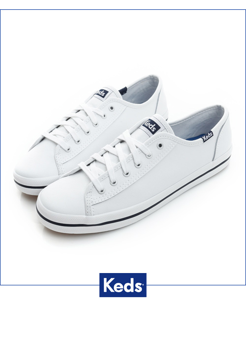 Keds KICKSTART 中性基本綁帶皮革休閒鞋-白/藍