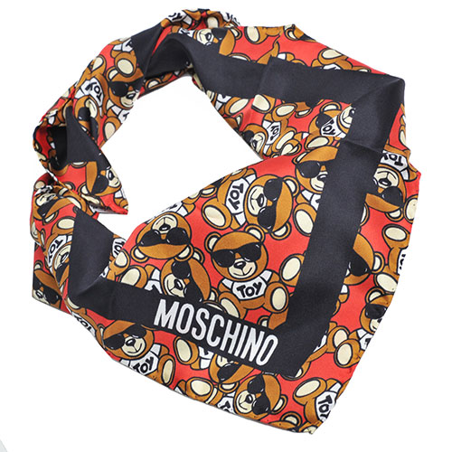 MOSCHINO 義大利繽紛TOY小熊LOGO圖騰100%絲質絲巾(紅/黑)