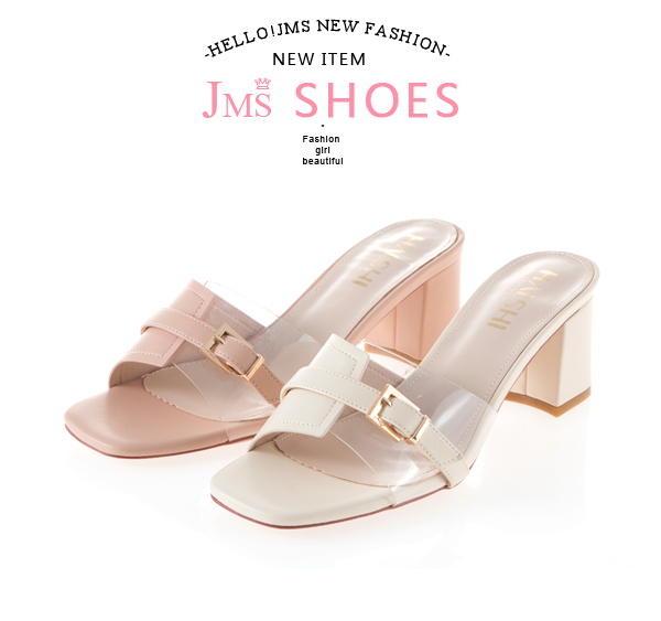 JMS-皮質拼接透明帶搭釦中跟涼拖鞋-米色