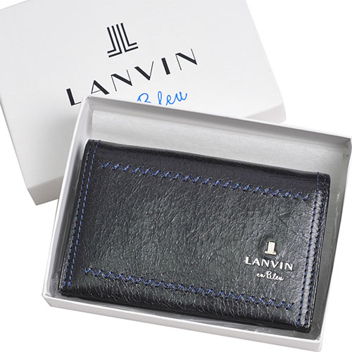 LANVIN en Bleu 品牌經典LOGO圖騰牛皮名片夾(黑/藍線)