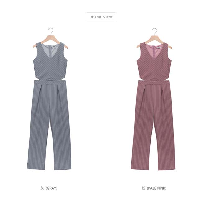 東京著衣-KODZ 女人心機挖腰打褶條紋西裝連身褲-S.M.L(共兩色)