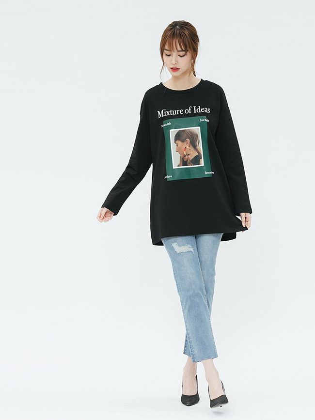 H:CONNECT 韓國品牌 女裝-圖像印製長袖T-shirt-黑