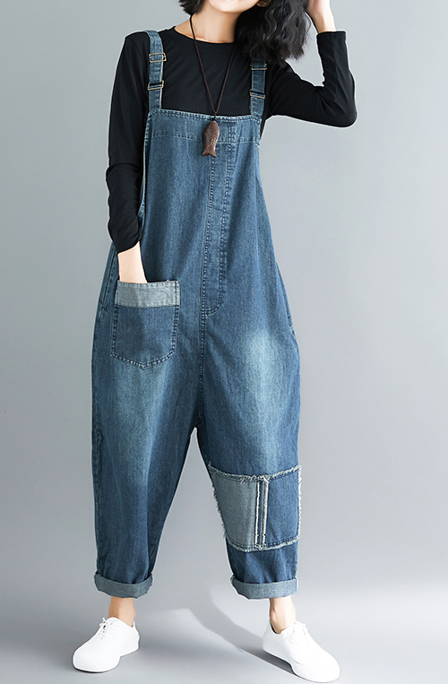 復古簡約拼布風牛仔吊帶褲 (藍色)-4inSTYLE形設計