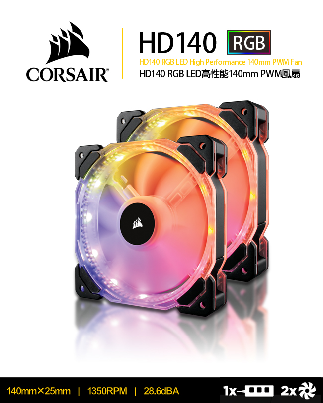 CORSAIR HD140 RGB LED140mm PWM風扇二包裝和控制器