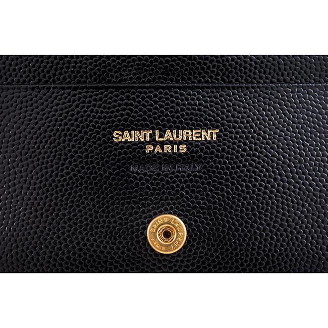 YSL MONOGRAM系列V字金屬LOGO絎縫魚子醬牛皮對折卡夾 (黑色)