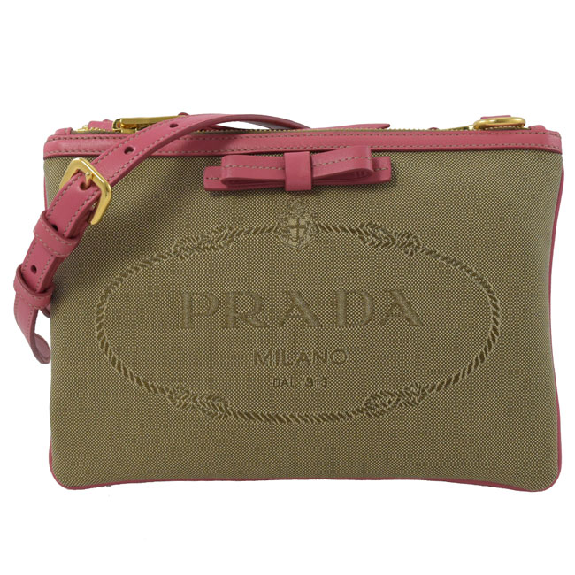 PRADA 復古大LOGO經典帆布雙層斜背扁包(粉邊)