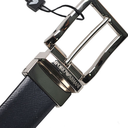 EMPORIO ARMANI 義大利製銀色字母LOGO皮帶頭防刮壓紋牛皮皮帶(深藍)