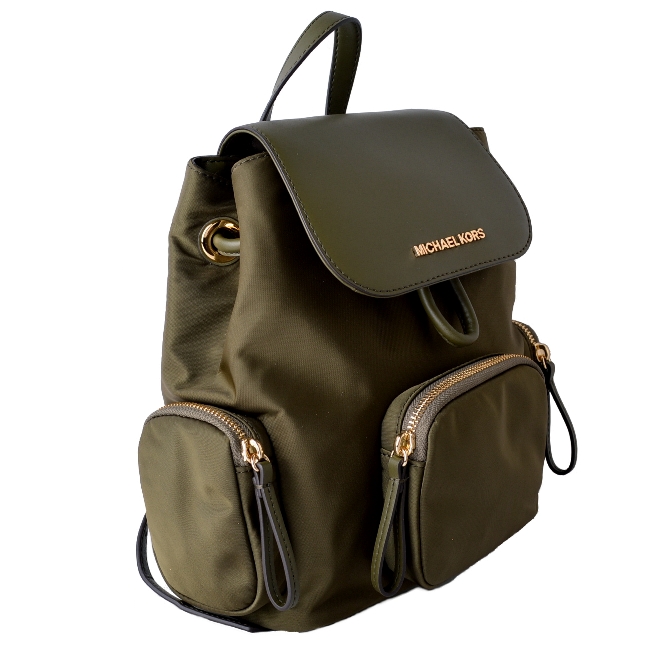 MICHAEL KORS ABBEY 拼接皮革束口尼龍後背包-墨綠