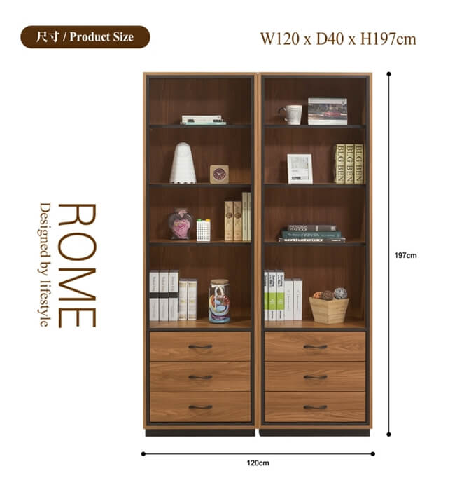 日本直人木業-ROME胡桃木工業風120CM二個3抽書櫃