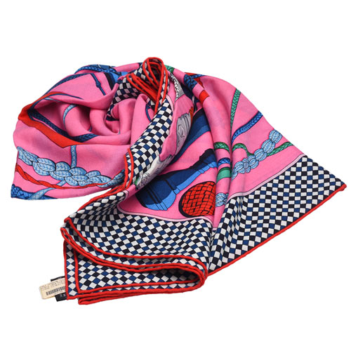 HERMES Fouets et Badines獵鞭圖騰喀什米爾混絲方型披巾/圍巾(玫粉)