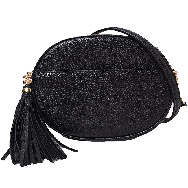 MICHAEL KORS GINNY金字LOGO荔枝皮革流蘇立體斜背小圓包-黑