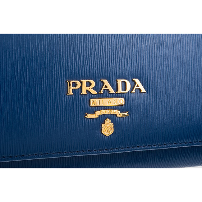 PRADA 經典Saffiano浮雕金釦LOGO直紋牛皮手拿/斜背包 (藍色)