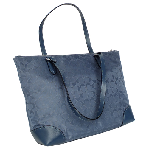 COACH單寧藍C Logo尼龍真皮壓底肩背托特包