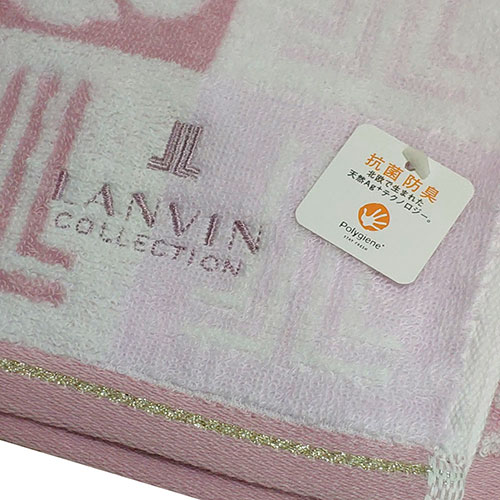 LANVIN 方格玫瑰品牌圖騰LOGO刺繡正方巾(粉紅系)