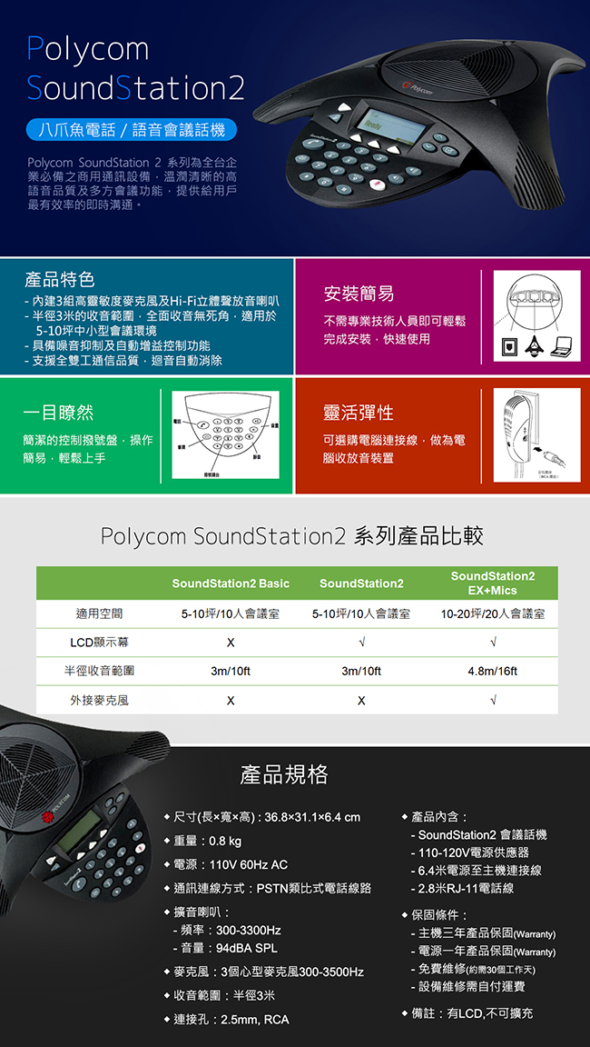 Polycom SoundStation2 (有LCD/不可擴充)語音會議話機