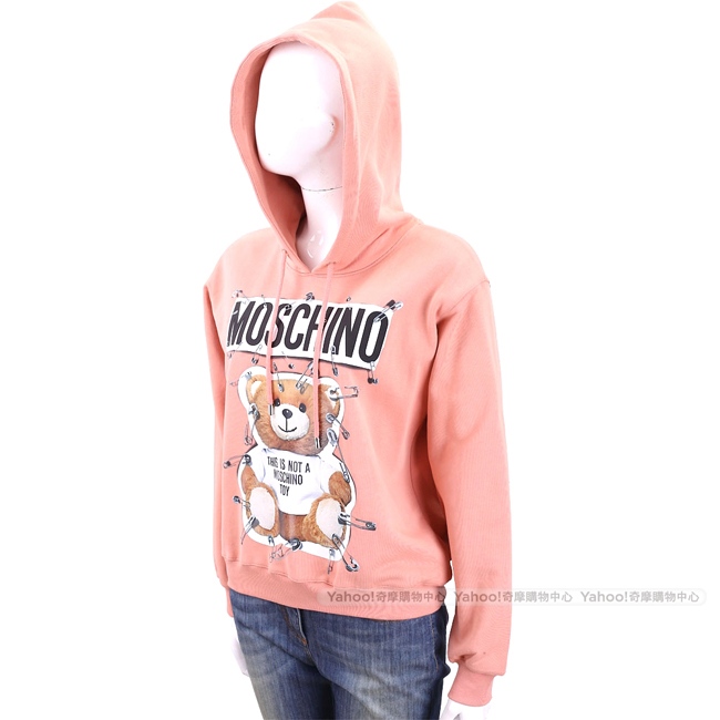 MOSCHINO 別針泰迪熊印花粉色連帽運動衫