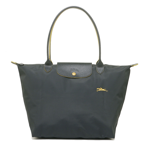 LONGCHAMP Le Pliage系列經典刺繡LOGO長提把手提/肩背包(大) 鐵灰色