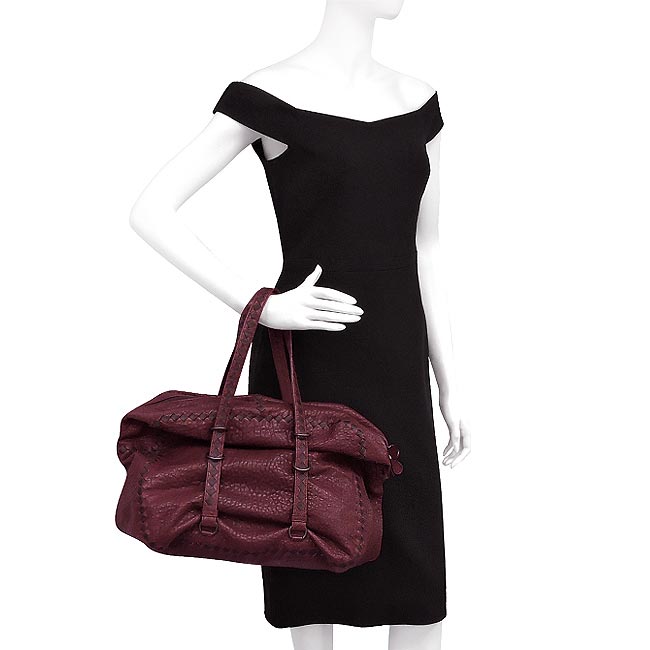 BOTTEGA VENETA 咖啡紅編織小羊皮波士頓包-大型