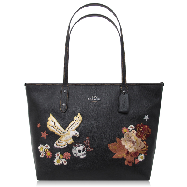 COACH 十字紋皮革 / 托特包(刺繡/黑色)
