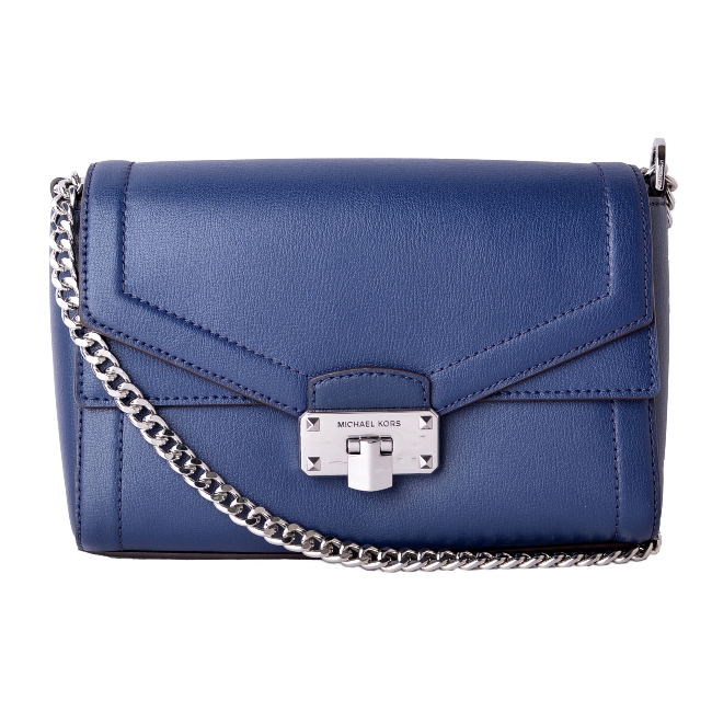 MICHAEL KORS KINSLEY 銀色鍊條金屬釦翻蓋斜背包-藍