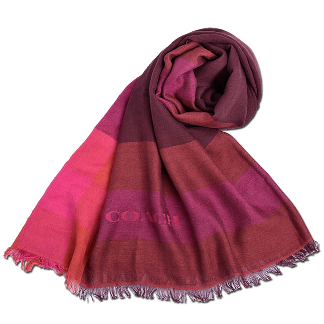 COACH 格紋拼接色寬版莫代爾披肩式圍巾-紫紅拼接