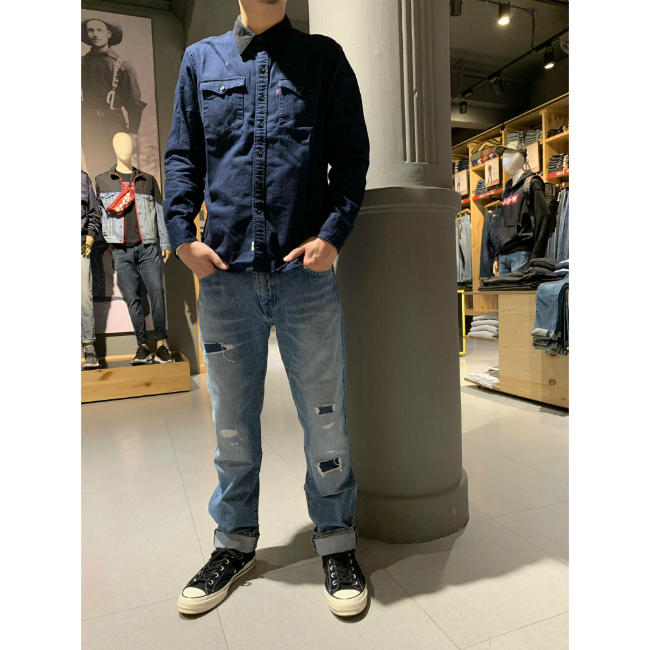 Levis 男款 上寬下窄 502 Taper牛仔長褲 補丁破壞