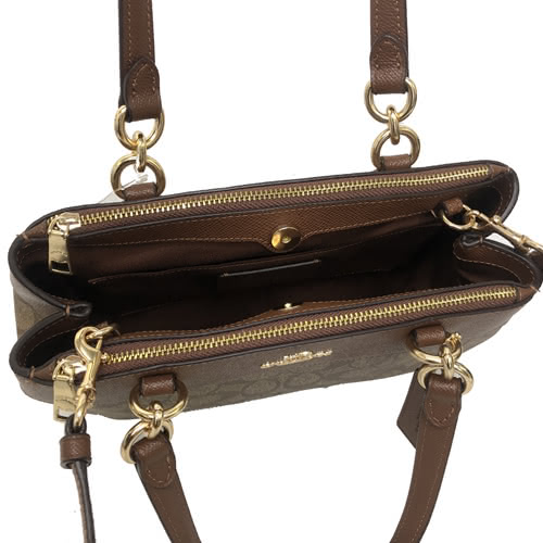 COACH 立體金屬 LOGO PVC皮革手提斜背兩用小方包托特包(焦糖)