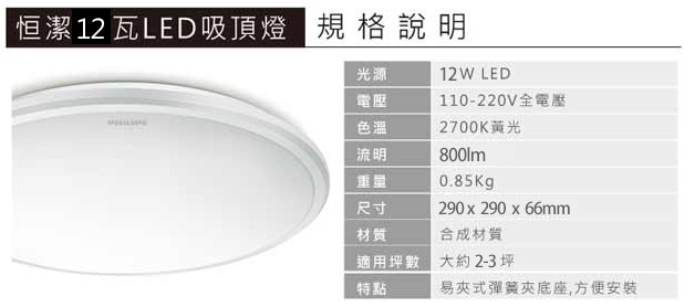 飛利浦Philips 新一代 恒潔 12W LED吸頂燈- 白光 (超薄) 31814
