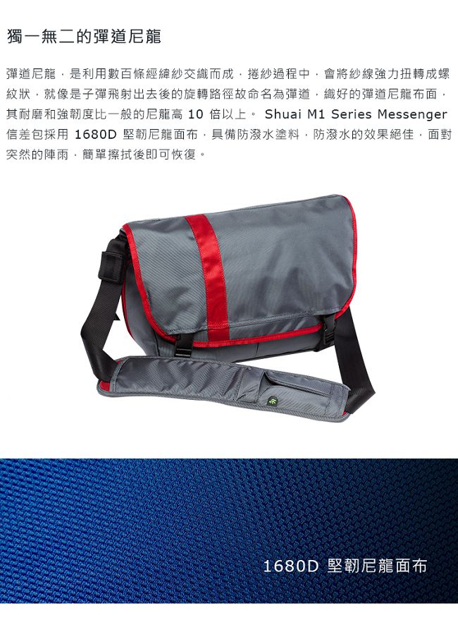 Shuai 15吋 M1 Series Messenger 信差風格電腦側背包(灰紅)