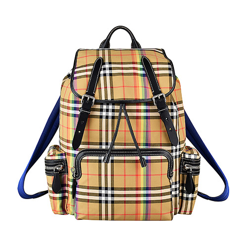 BURBERRY THE RUCKSACK經典VINTAGE彩虹格尼龍拼接牛皮藍背帶軍旅後