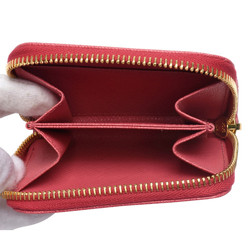 PRADA SAFFIANO TRIANG系列金色三角LOGO小牛皮拉鍊卡夾/零錢包-桃紅
