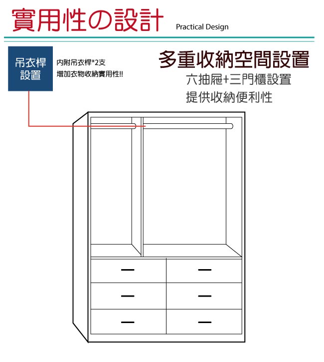 綠活居 賈斯3.9尺木紋六抽衣櫃/收納櫃(二色)-116x56x197cm-免組