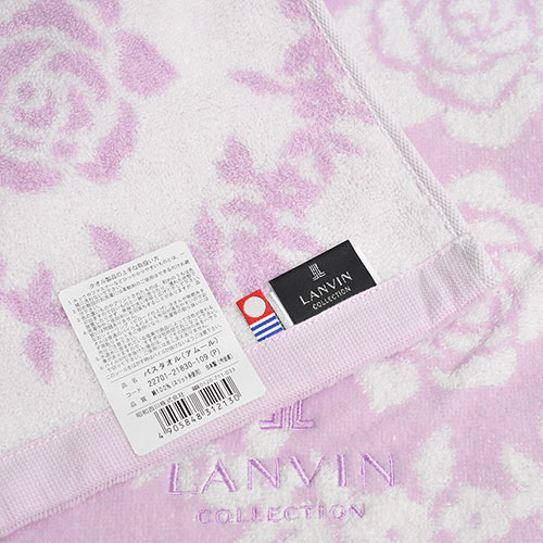 LANVIN 繽紛玫瑰蔓藤圖騰LOGO刺繡浴巾(粉紫系)