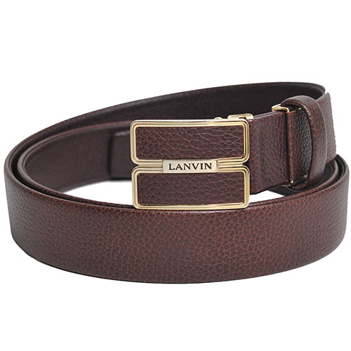 LANVIN 品牌字母LOGO皮帶頭環荔枝壓紋皮帶(深咖啡)