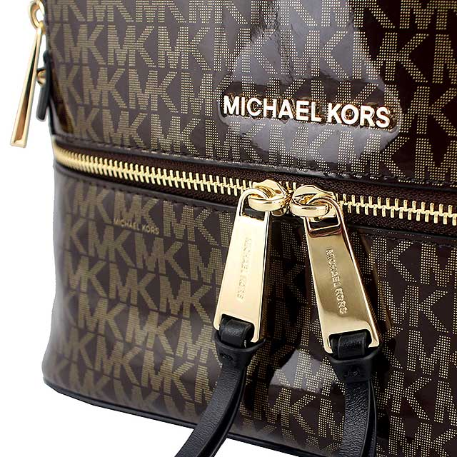 MICHAEL KORS Rhea 咖啡色MK字樣亮面防水材質金字後背包(中)