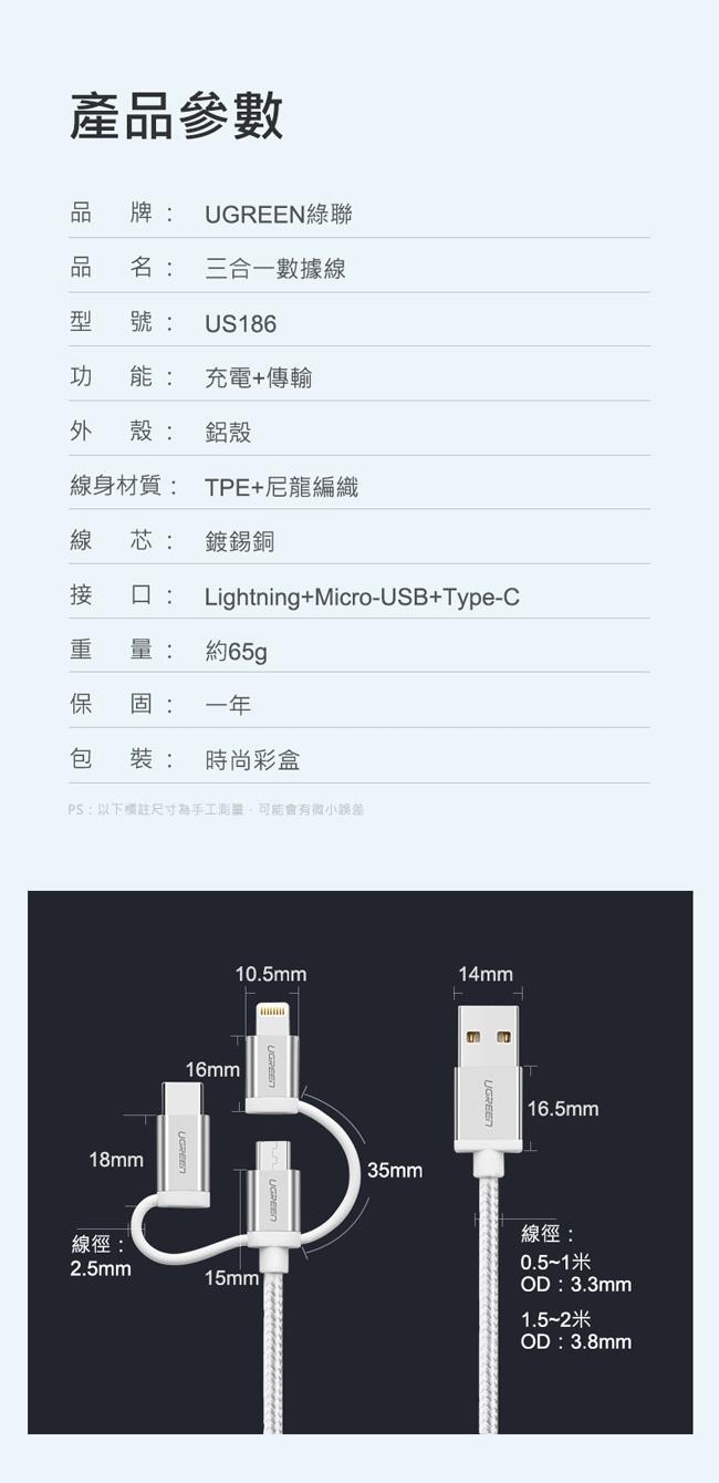 綠聯MFi 三合一萬用手機快充傳輸線-APPLE原廠認證 1M