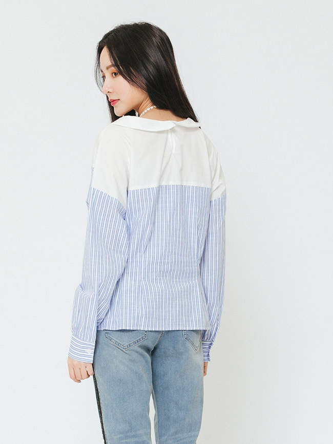 H:CONNECT 韓國品牌 女裝-條紋拼接排扣襯衫-藍