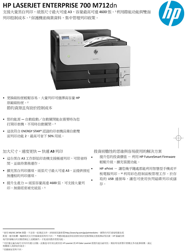 HP LaserJet Enterprise 700 M712dn A3黑白雙面雷射印表機