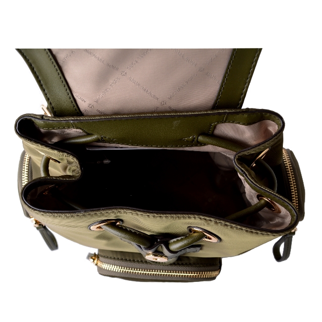 MICHAEL KORS ABBEY 拼接皮革束口尼龍後背包-墨綠