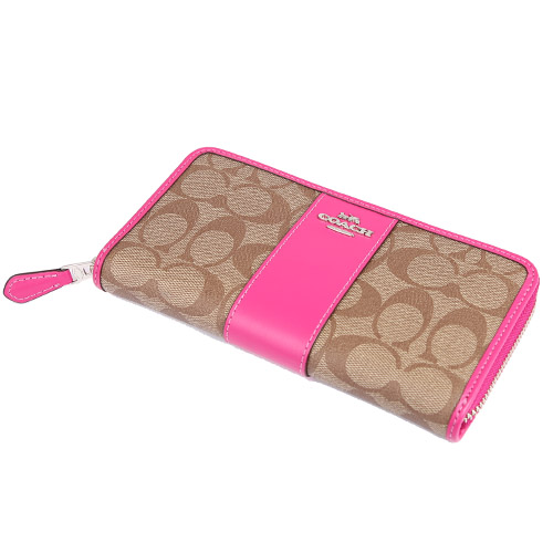 COACH PVC LOGO 皮革拼接拉鍊長夾(卡其/桃紅)