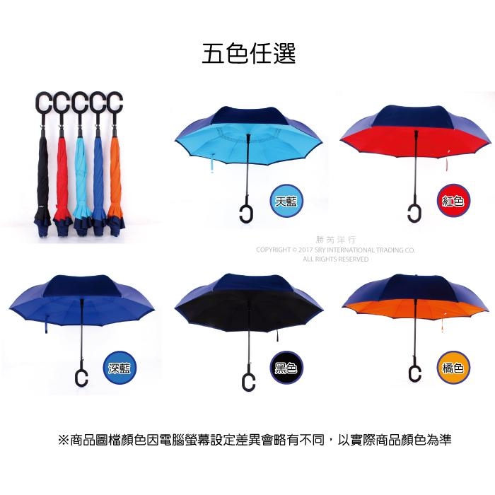 【生活良品】C型雙層雙色自動反向直立晴雨傘-素面款黑色(外層深藍色+內層黑色)