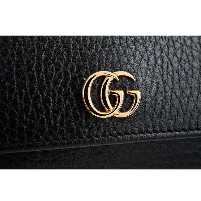 GUCCI 經典GG Marmont系列金屬LOGO牛皮暗釦三折短夾 (黑色)